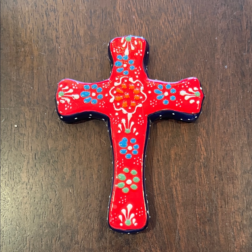Hand-Painted Red Decorative Cross with Floral Accents